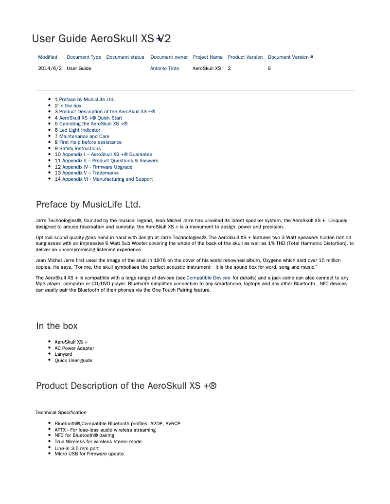 Page 1 of the manual User Manual Jarre Technologies AeroSkull XS+
