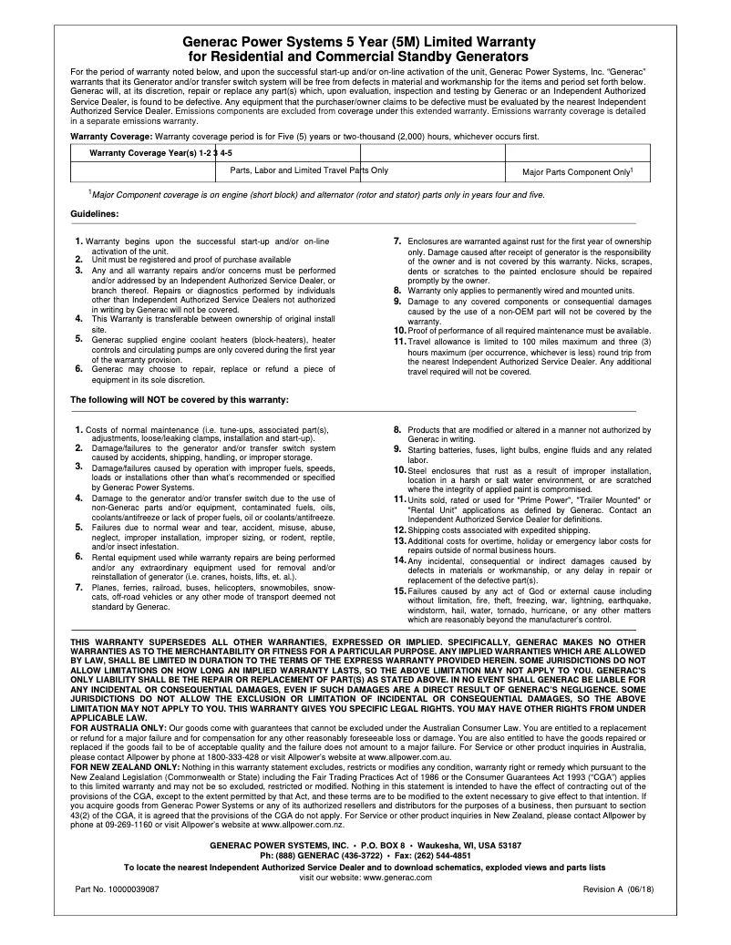 Page 1 of the manual Warranty Information Generac Guardian 14KW