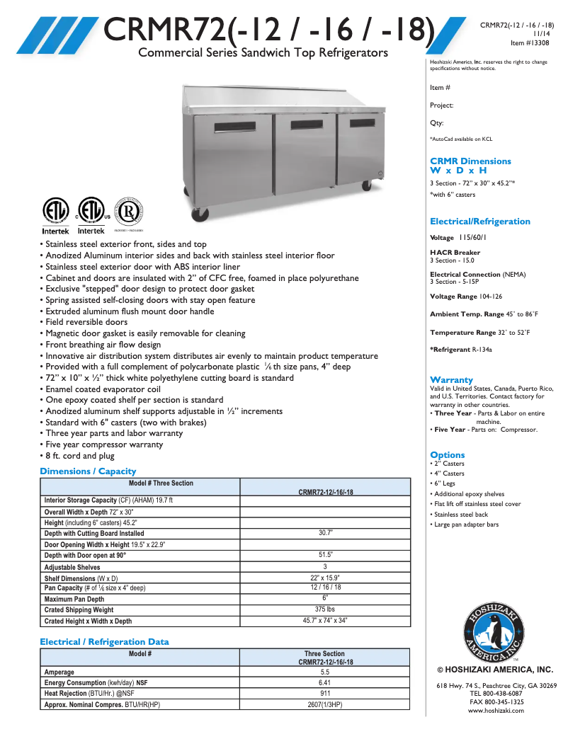 Page 1 of the manual Technical Sheet Hoshizaki CRMR72-18