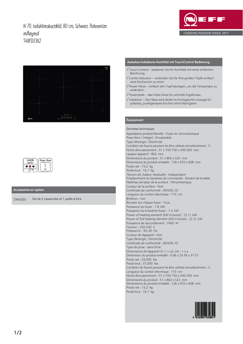 Page 1 of the manual Technical Sheet Neff T48FD23X2