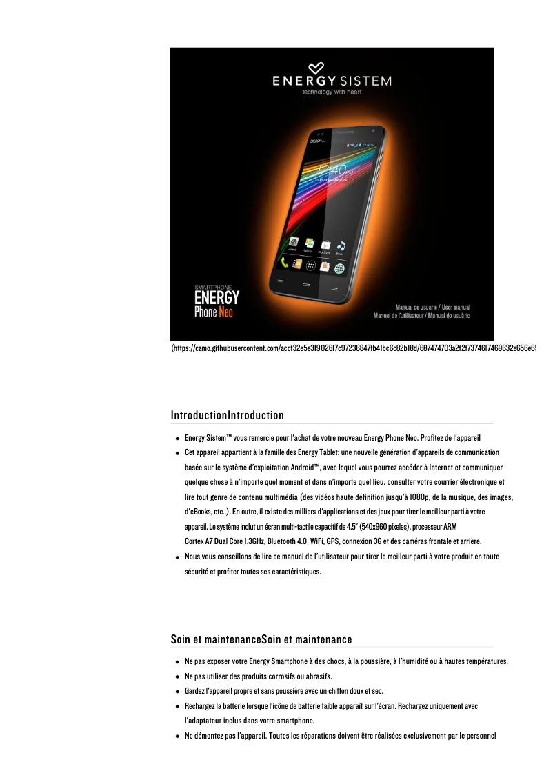 First page image of the manual for Energy Phone Neo