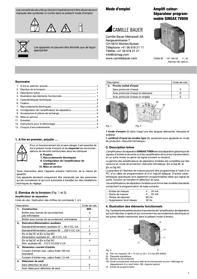 Page 1 of the manual User Manual Camille Bauer Sineax TV809