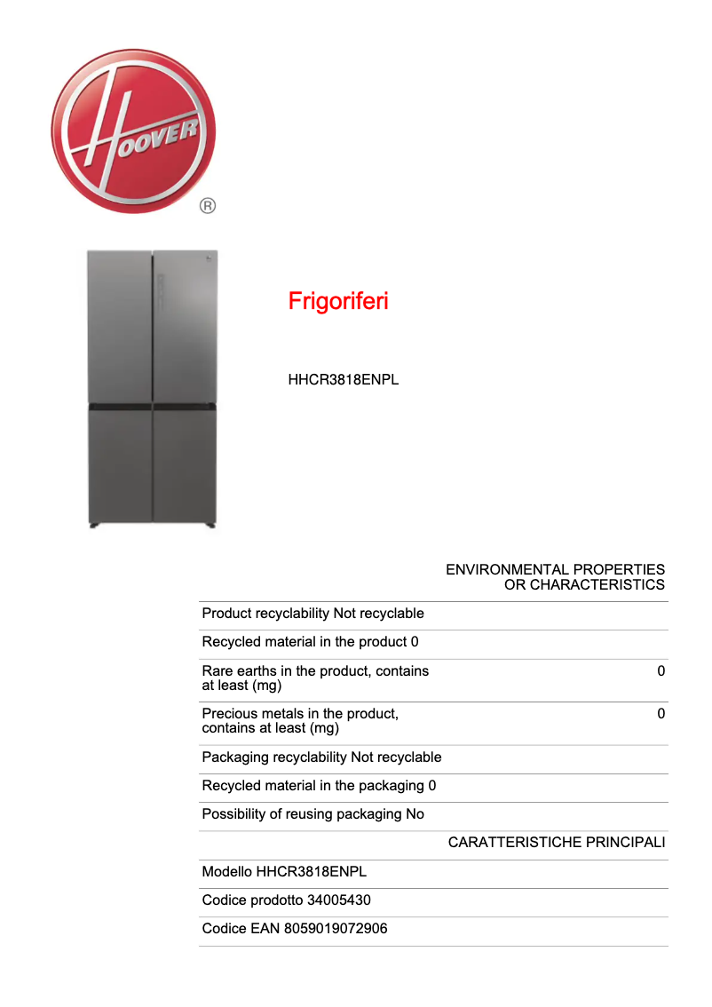 Page 1 of the manual Technical Sheet Hoover HHCR3818ENPL