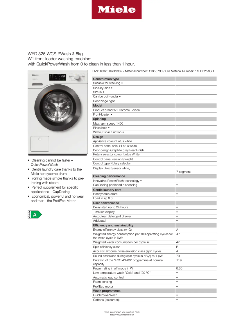 Page 1 of the manual Technical Sheet Miele WED 325 WCS PWash