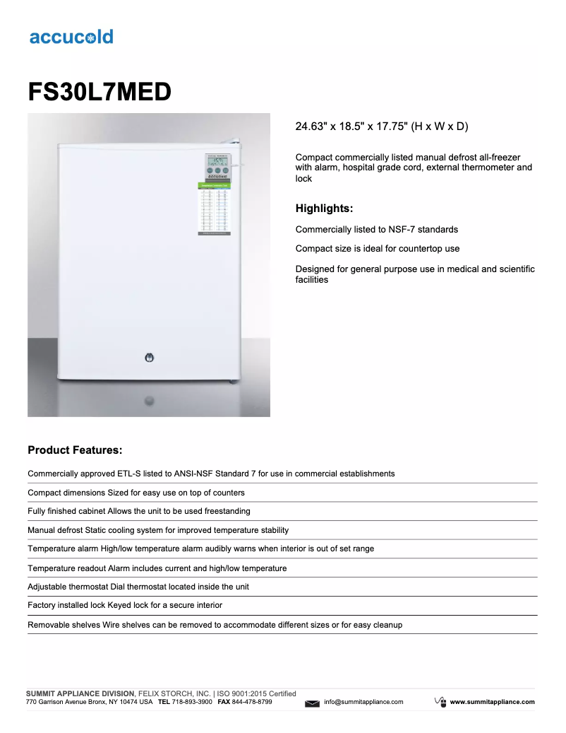 Page 1 of the manual Technical Sheet Summit Accucold FS30L7MED