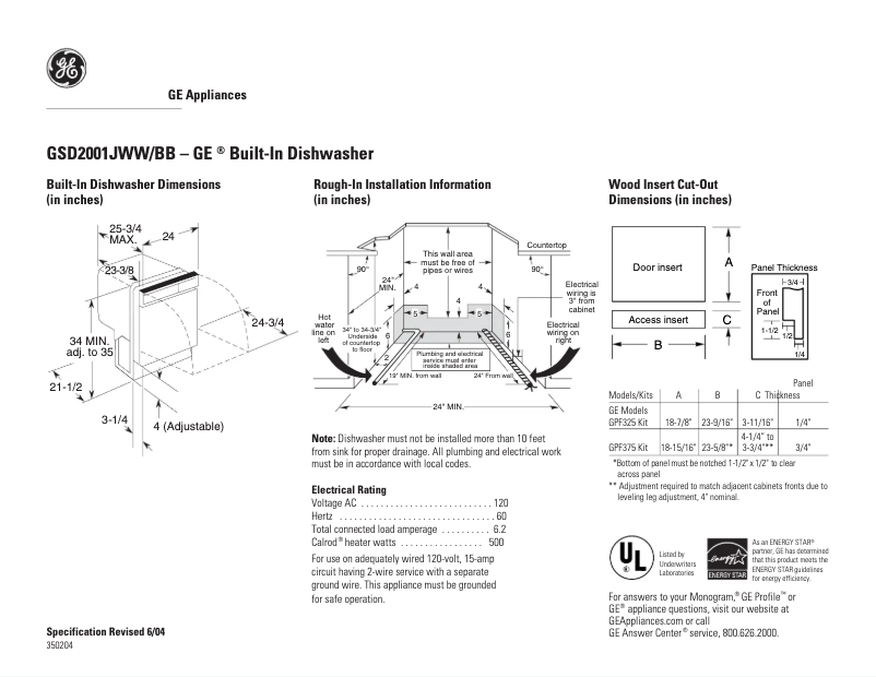 Page 1 of the manual Technical Sheet GE GSD2001JBB