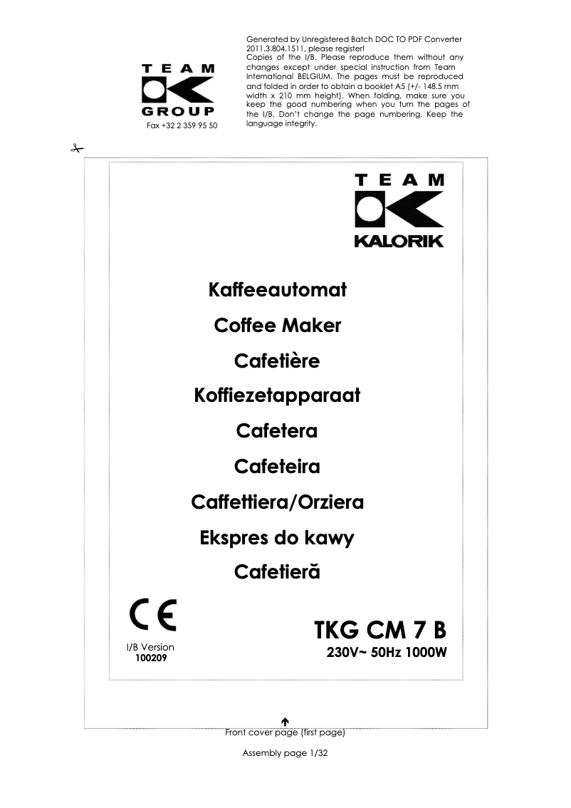Page 1 of the manual User Manual Kalorik TKG CM 7 B