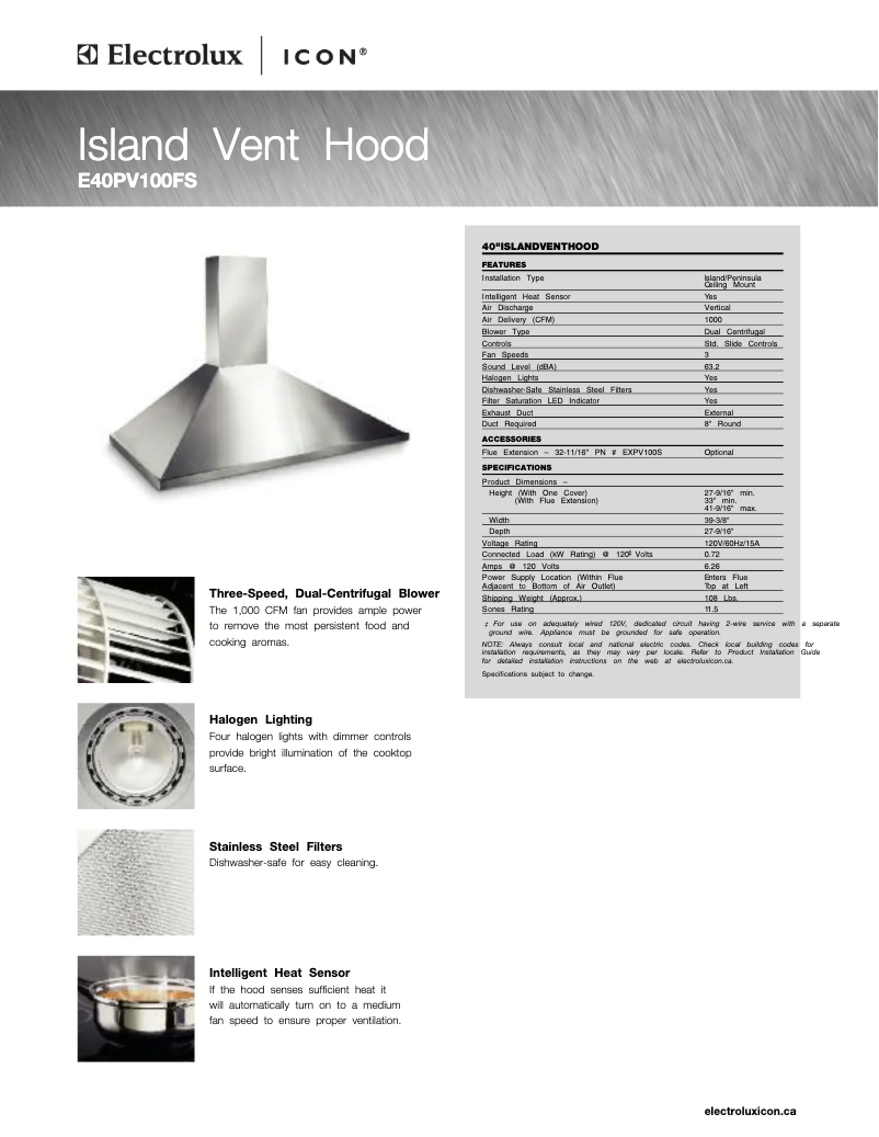 Page 1 of the manual Technical Sheet Electrolux E40PV100FS