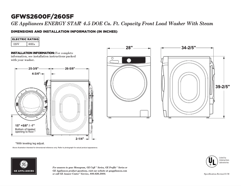 Page 1 of the manual Technical Sheet GE GFWS2600FWW