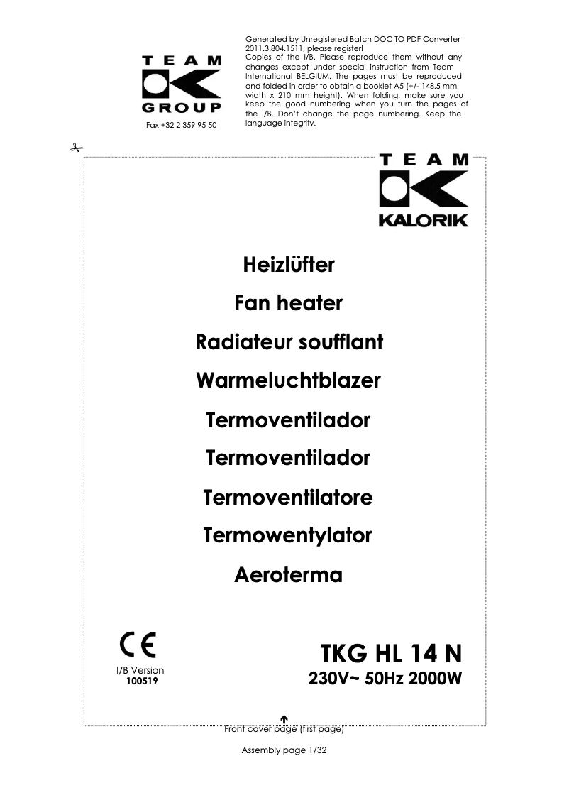 Page 1 of the manual User Manual Kalorik TKG HL 14 N
