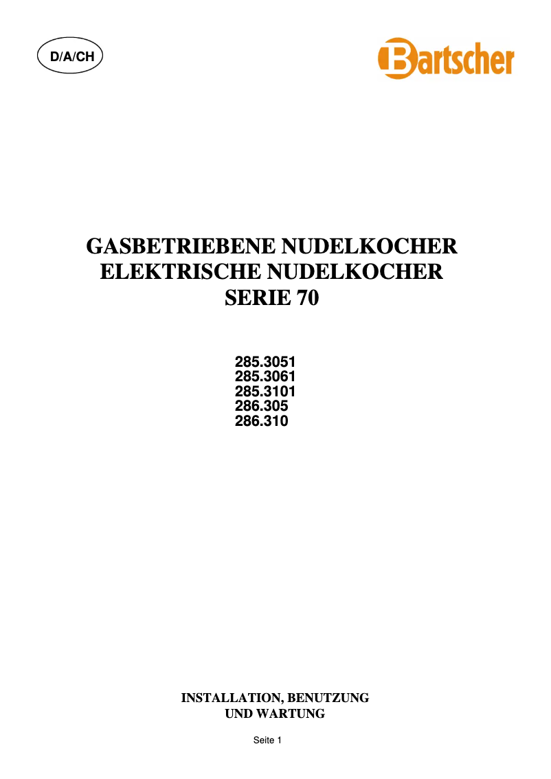 Page 1 of the manual User Manual Bartscher 2853051