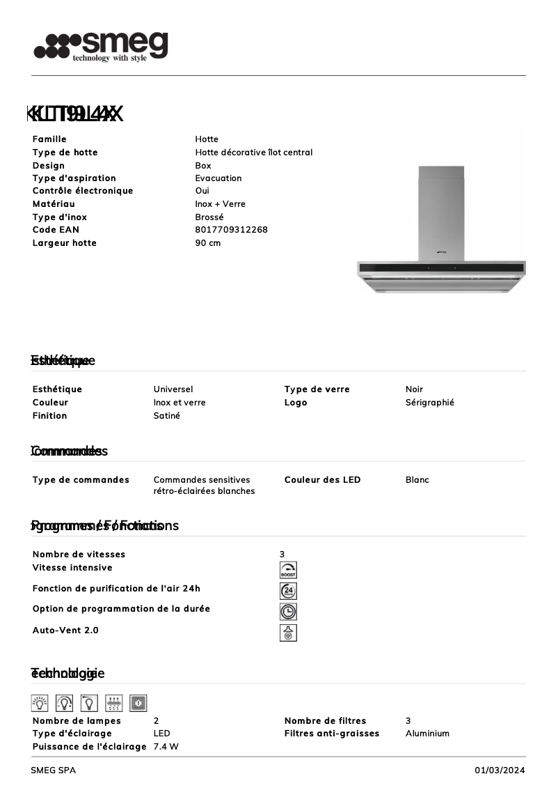 Page 1 of the manual Technical Sheet Smeg KLTI9L4X