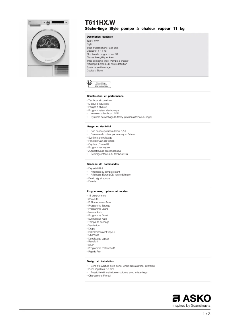 Page 1 of the manual Technical Sheet Asko T611HX.W