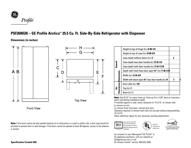 Page 1 of the manual Technical Sheet GE PSF26NGNBB