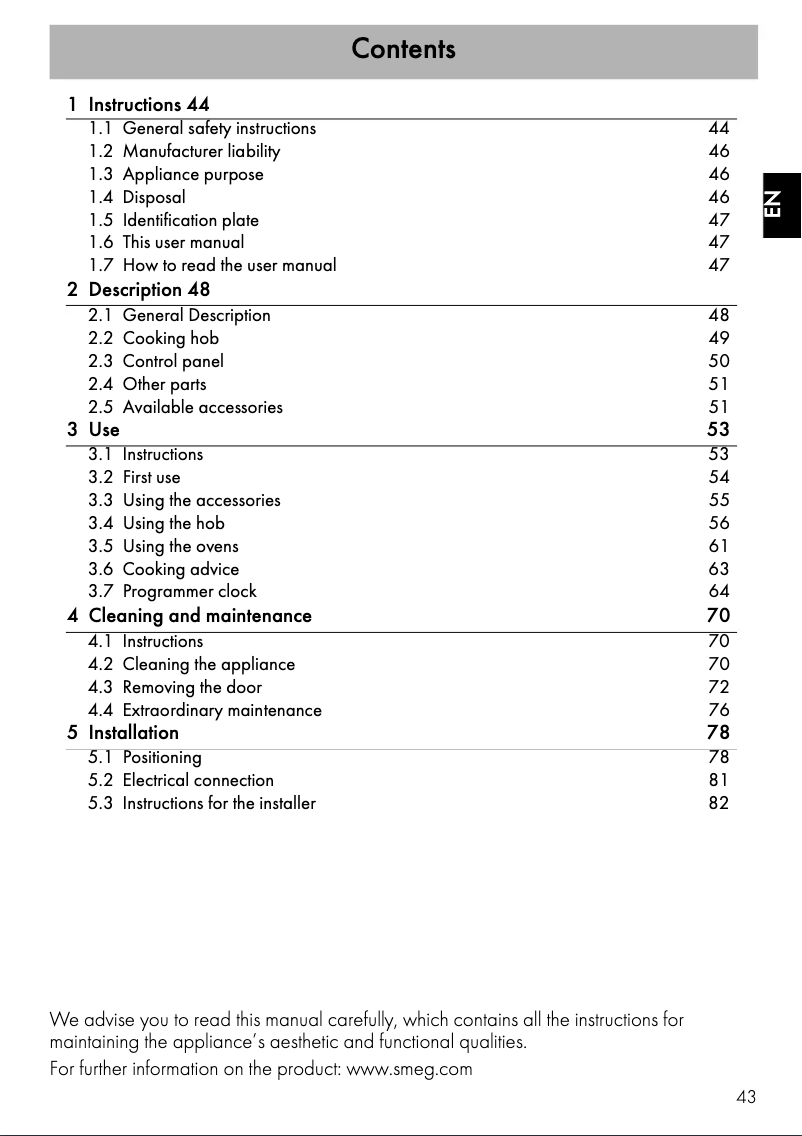 Page 1 of the manual Instruction Manual Smeg TR62IP