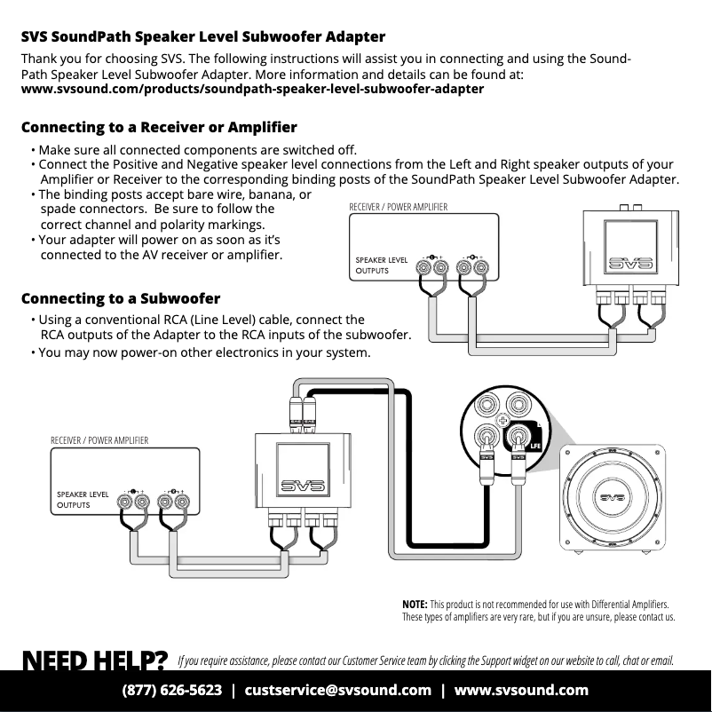 First page image of the manual for SoundPath Speaker Level Subwoofer Adapter
