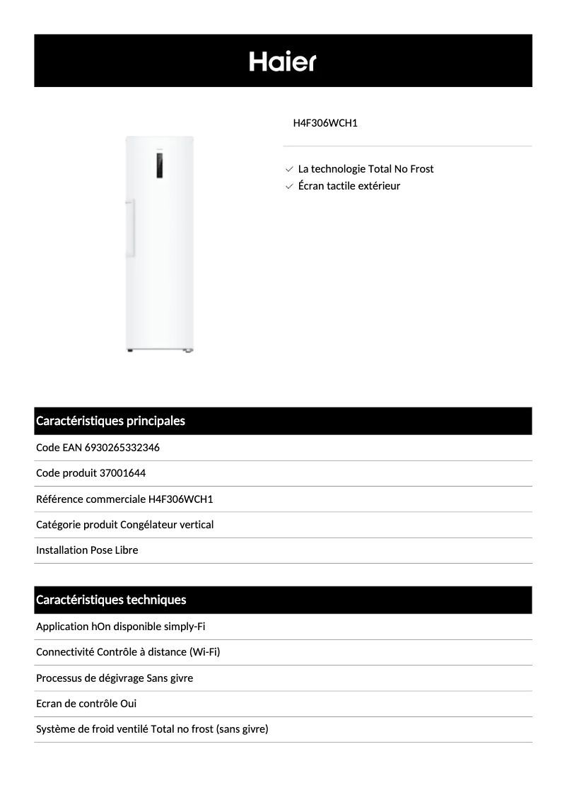Page 1 of the manual Technical Sheet Haier H4F306WCH1