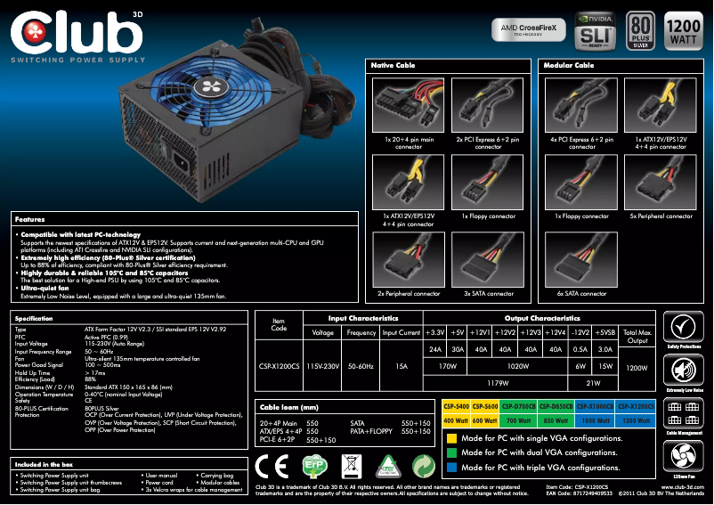 Page 1 of the manual User Manual CLUB3D CSP-X1200CS 80 PLUS