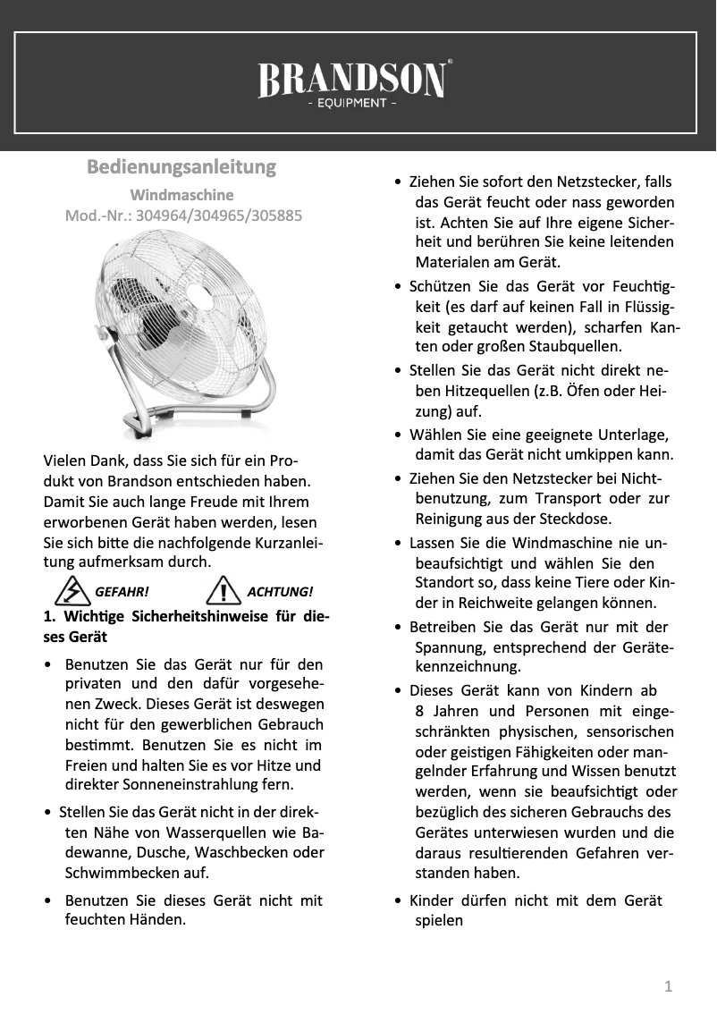Page 1 de la notice Manuel utilisateur Brandson 305885