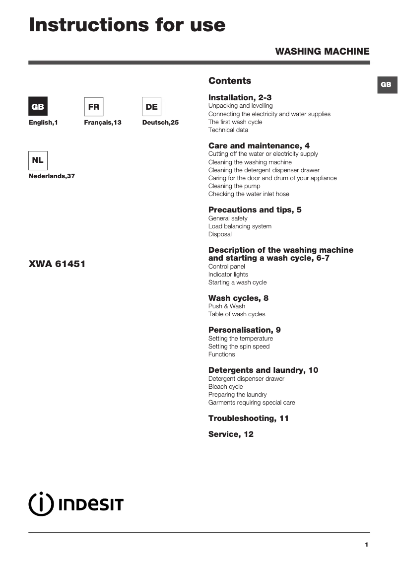 First page image of the manual for XWA 61451