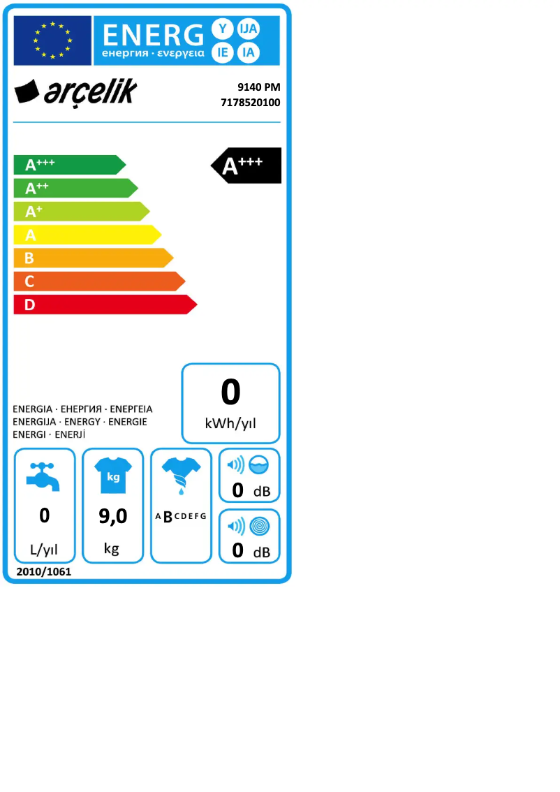 Page 1 of the manual Energy Label Arçelik 9140 PM