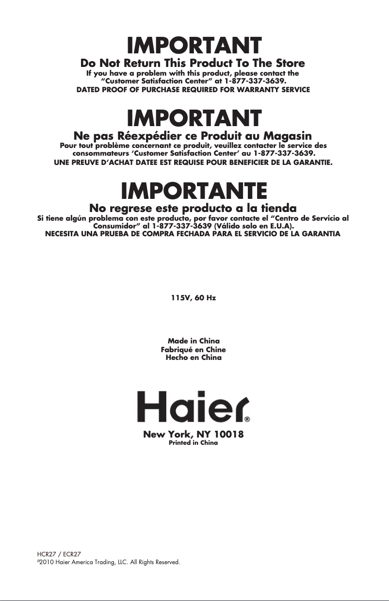 Page 1 of the manual User Manual Haier HCR27W