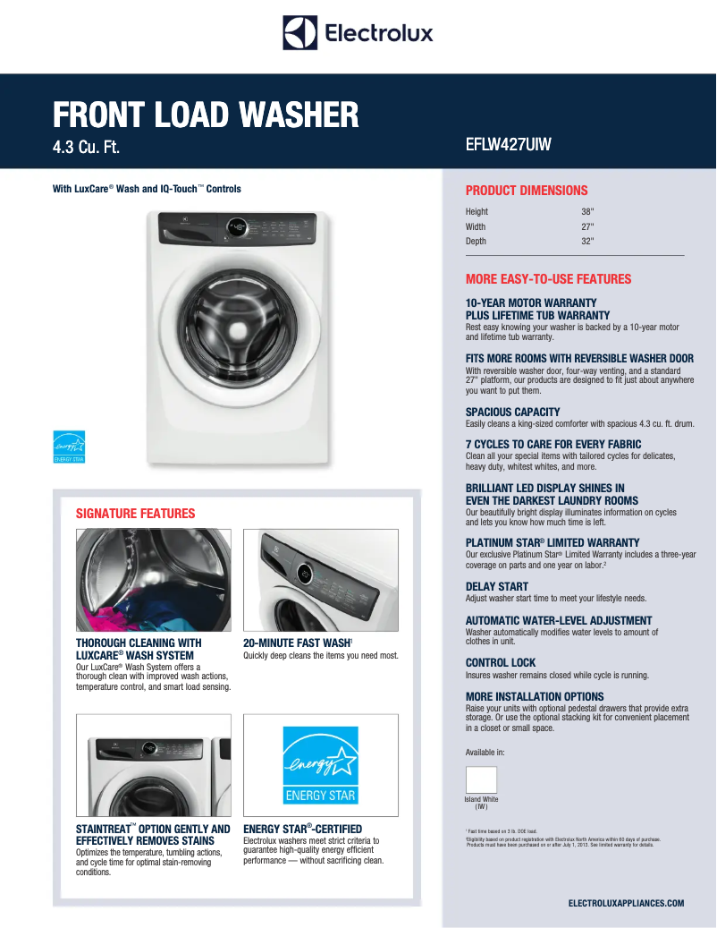 Page 1 of the manual Technical Sheet Electrolux EFLW427UIW