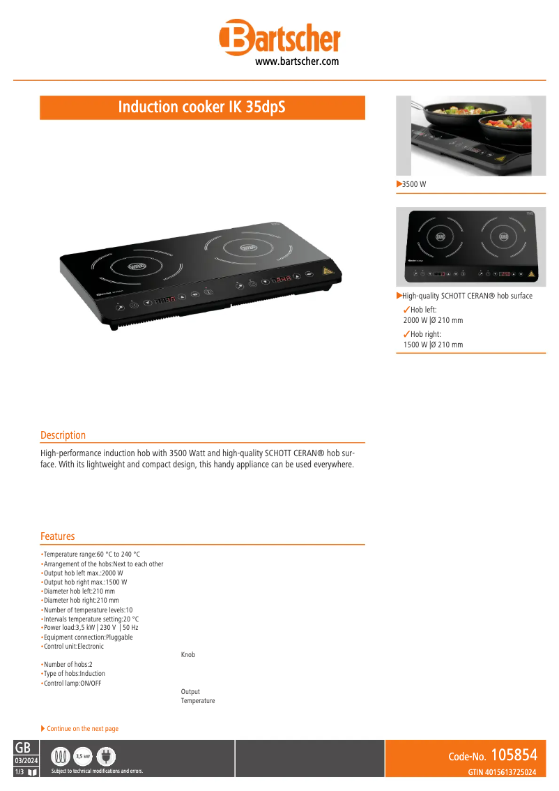 Page 1 of the manual Technical Sheet Bartscher IK 35dpS