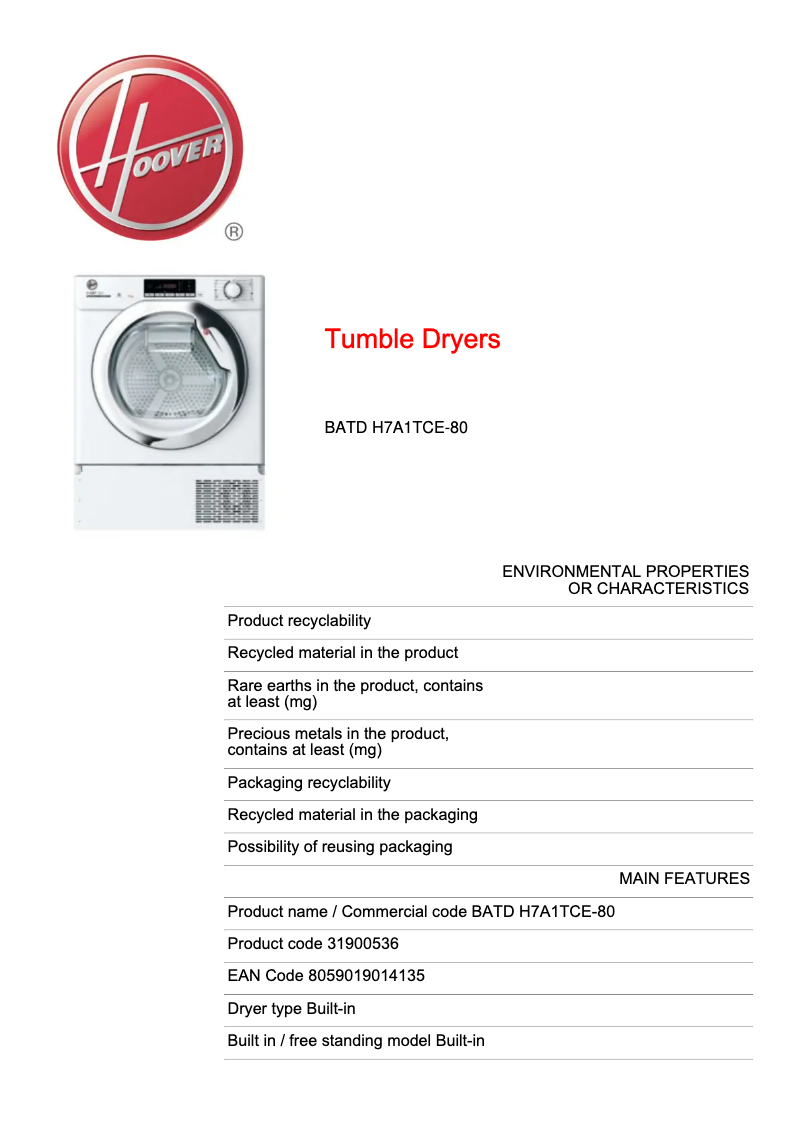 Page 1 of the manual Technical Sheet Hoover BATD H7A1TCE-80