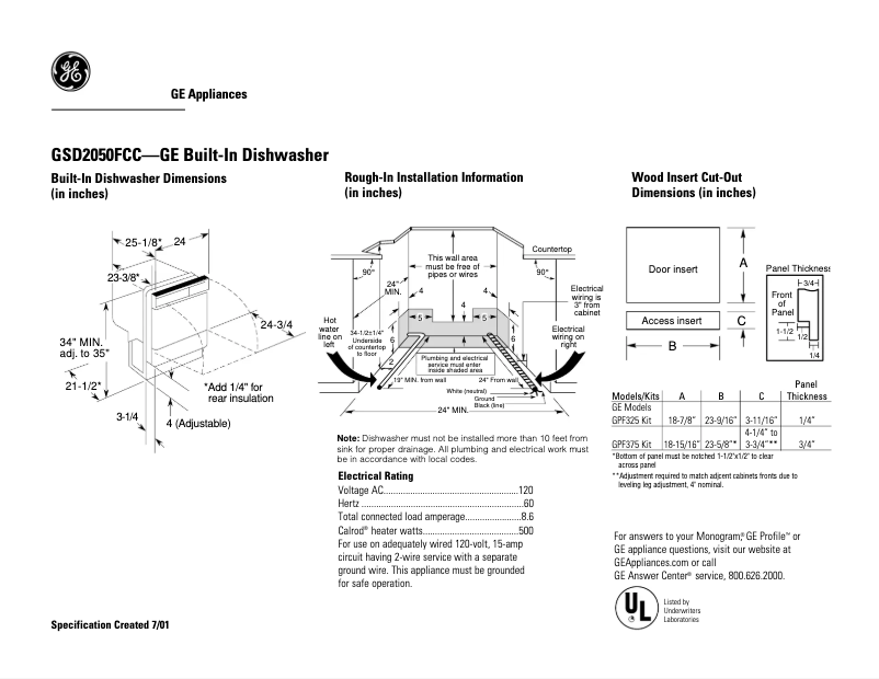 Page 1 of the manual Technical Sheet GE GSD2050FCC