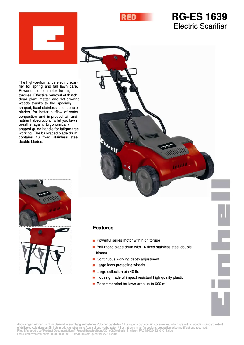 Page 1 of the manual Technical Sheet Einhell RG-ES 1639