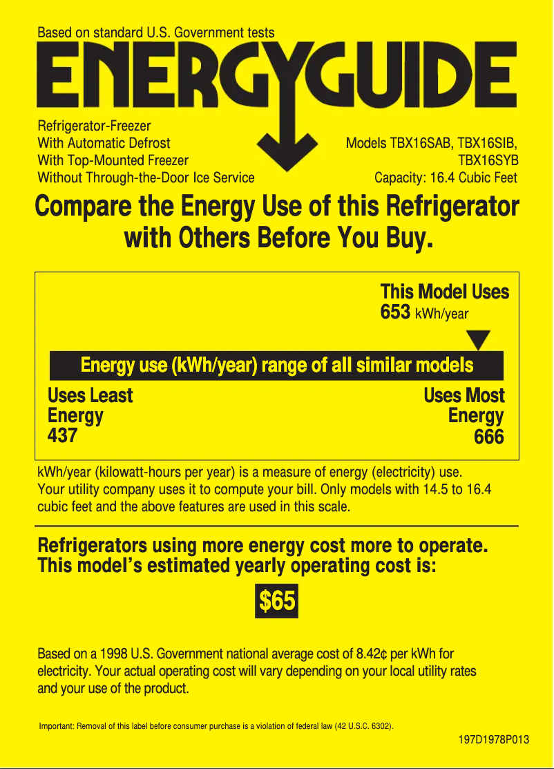 Page 1 of the manual Energy Label GE TBX16SABRWW