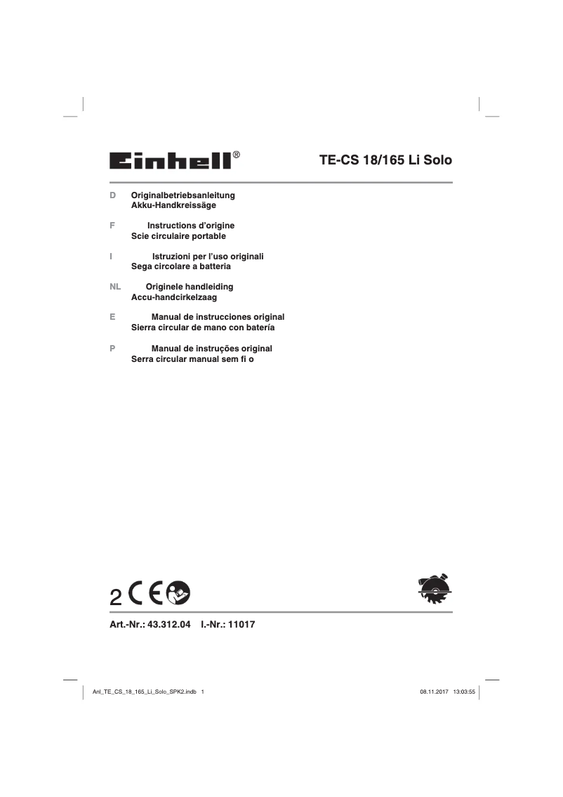 Page 1 of the manual User Manual Einhell TE-CS 18/165 Li-Solo