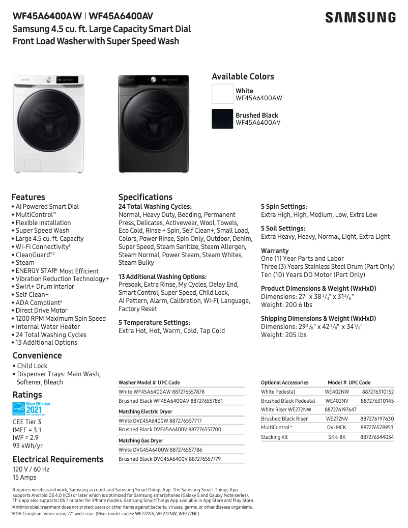 First page image of the manual for WF45A6400AW
