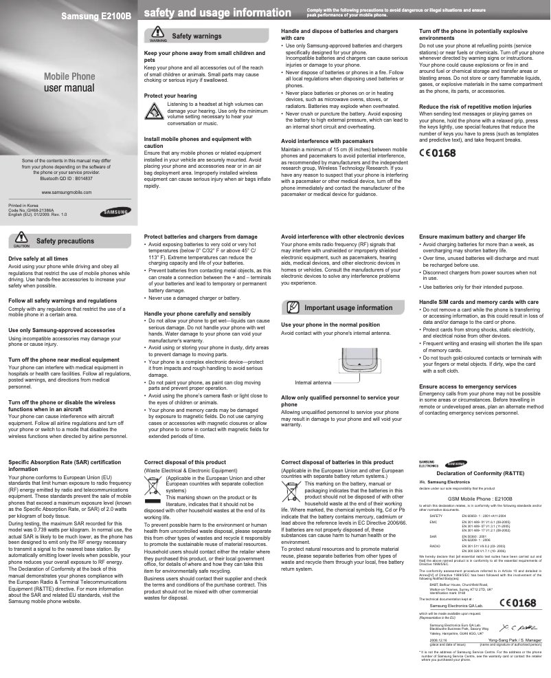 Page 1 of the manual User Manual Samsung GT-E2100B