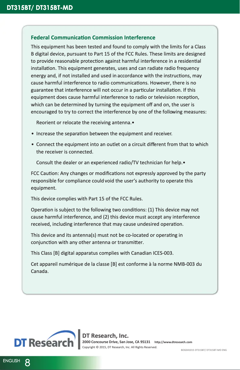 First page image of the manual for DT315BT-MD