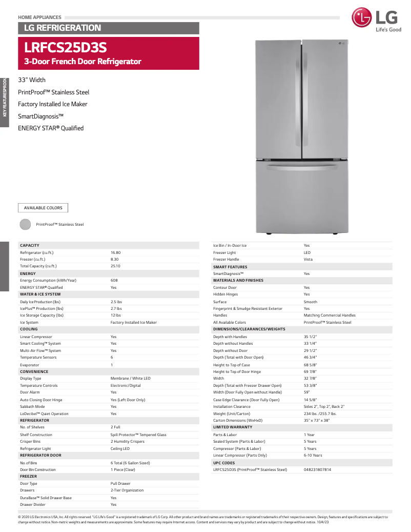 First page image of the manual for LRFCS25D3S