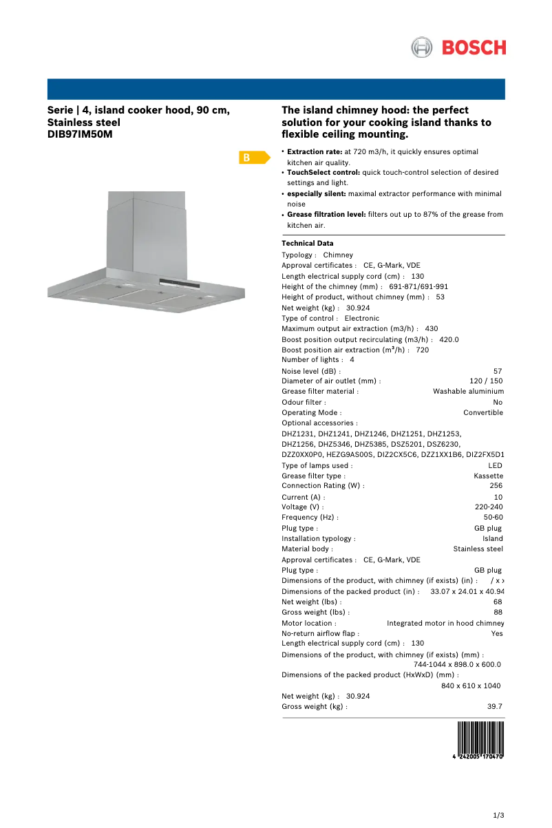 Page 1 of the manual Technical Sheet Bosch DIB97IM50M