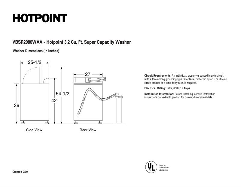 Page 1 of the manual Technical Sheet Hotpoint VBSR2080WAA