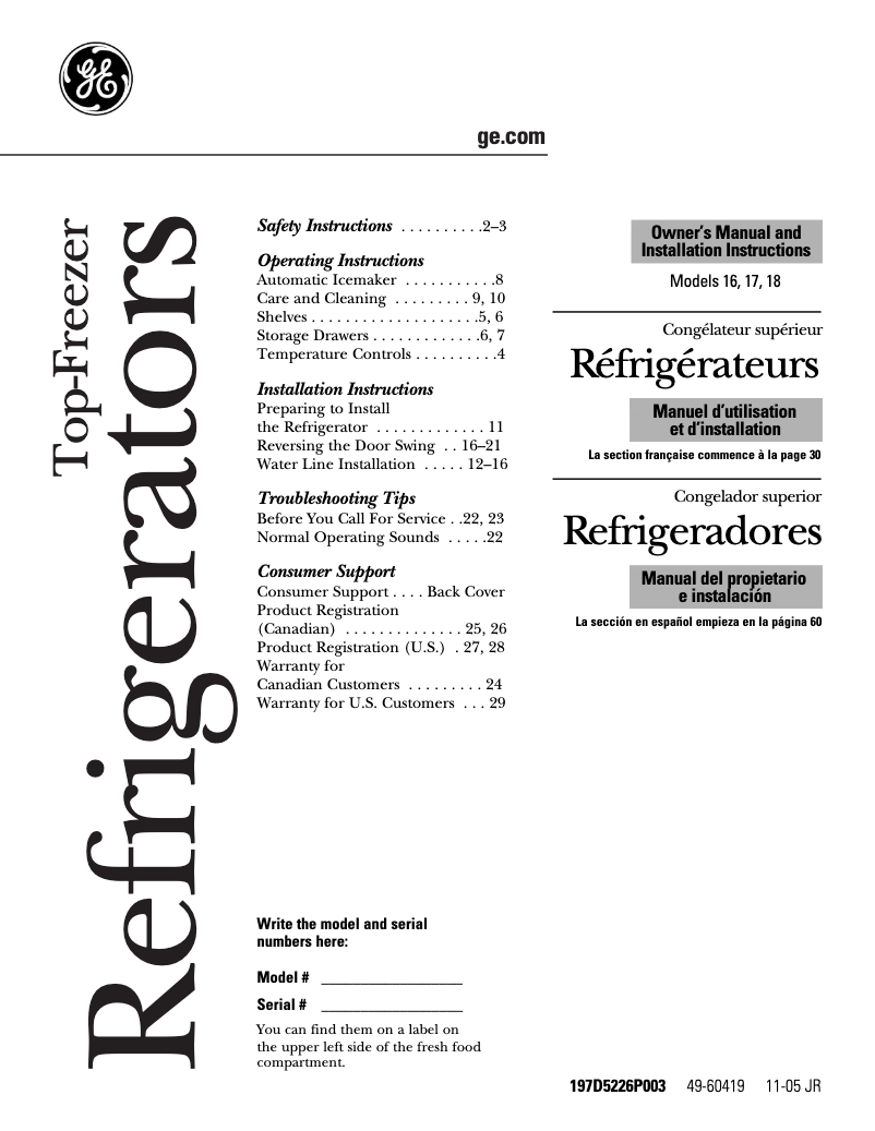 Page 1 of the manual Instruction Manual GE GTH18GBDWW