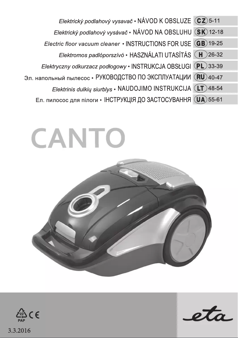 First page image of the manual for Canto 1481 90000