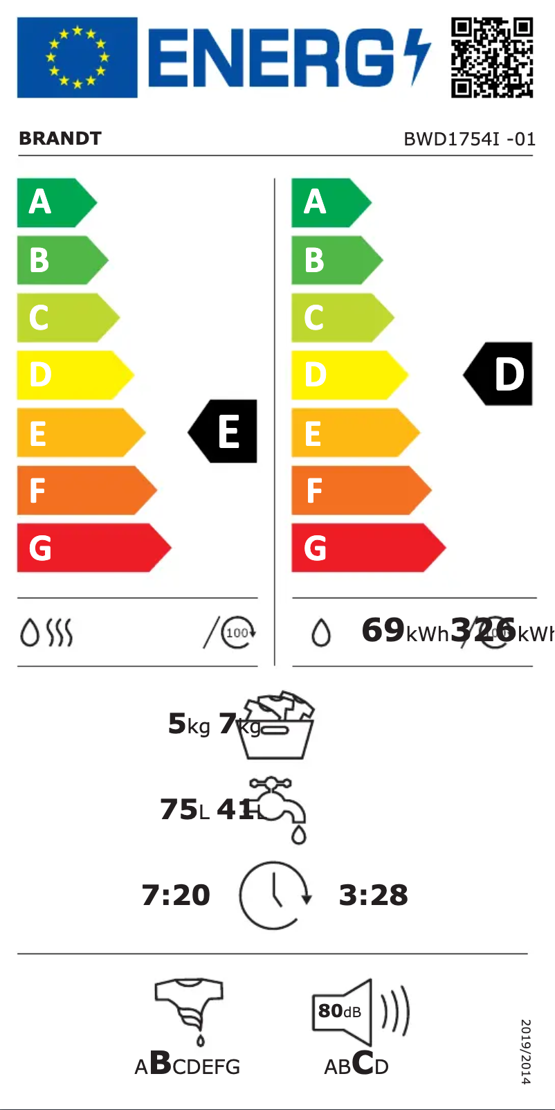 Page 1 of the manual Energy Label Brandt BWD1754I