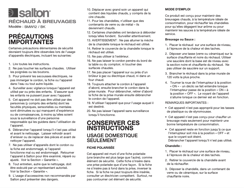 Page 1 of the manual User Manual Salton SMW12