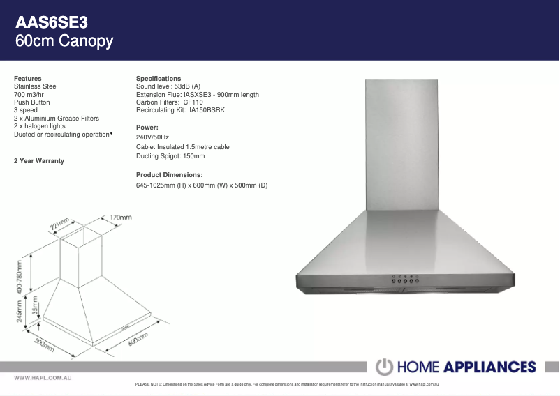 First page image of the manual for AAS6SE3