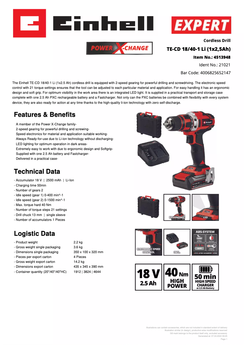 First page image of the manual for TE-CD 18/40-1 Li