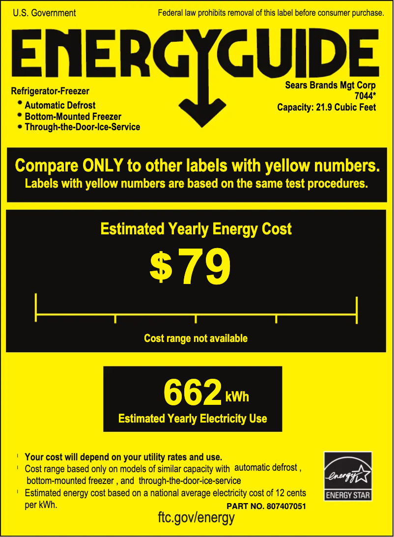 Page 1 of the manual Energy Label Kenmore 70447
