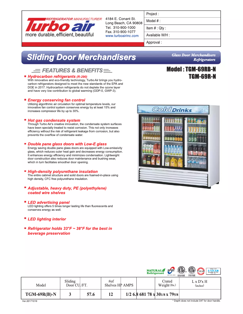 Page 1 of the manual Technical Sheet Turbo air TGM-69R
