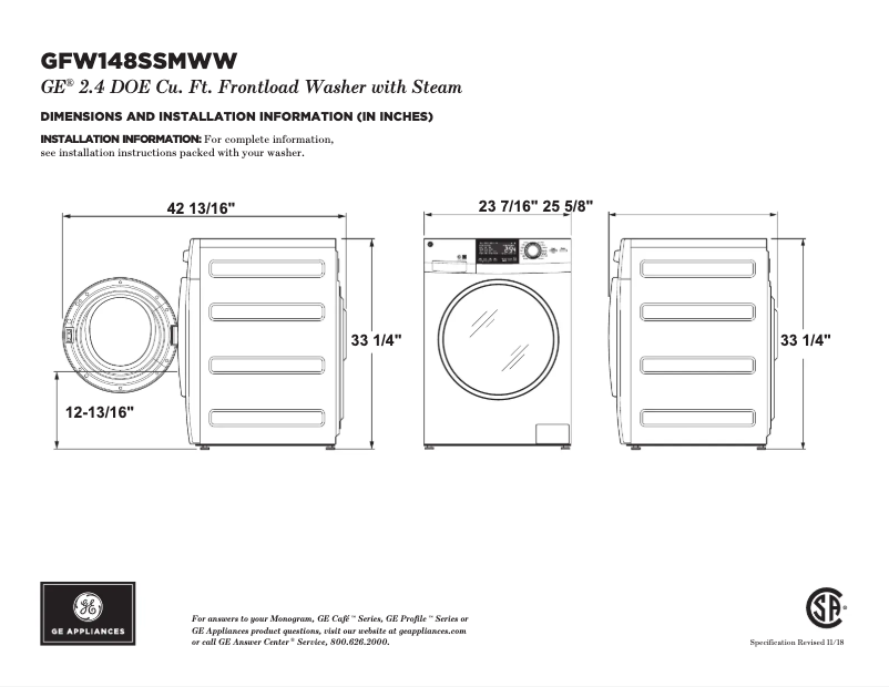 Page 1 of the manual Technical Sheet GE GFW148SSMWW