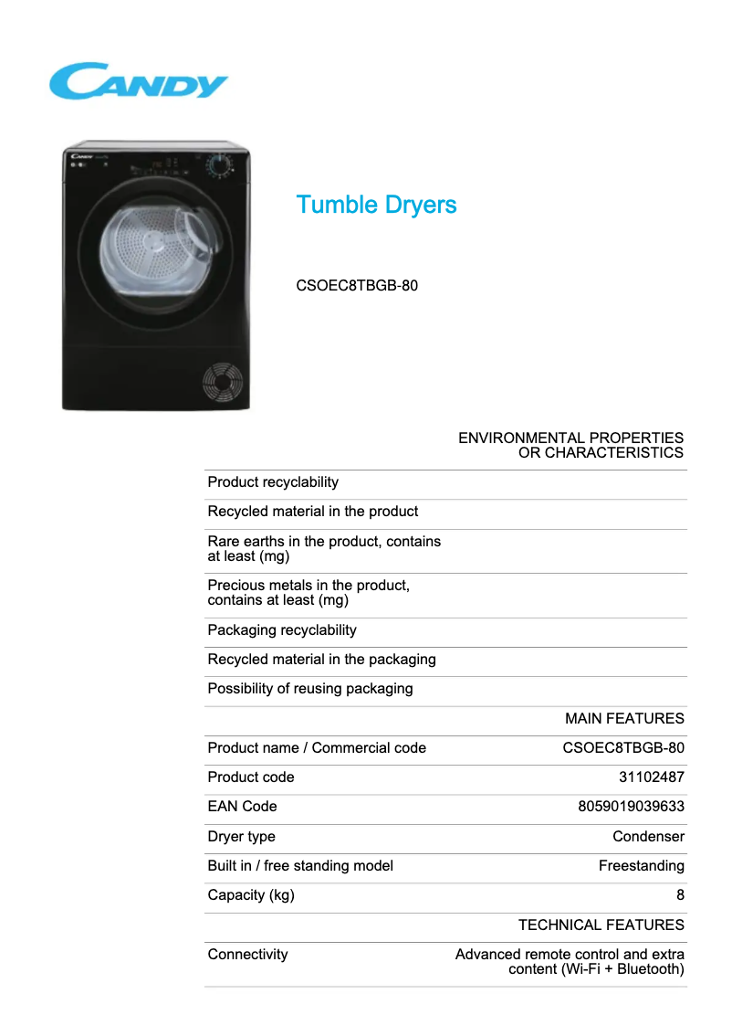 Page 1 of the manual Technical Sheet Candy CSOEC8TBGB-80