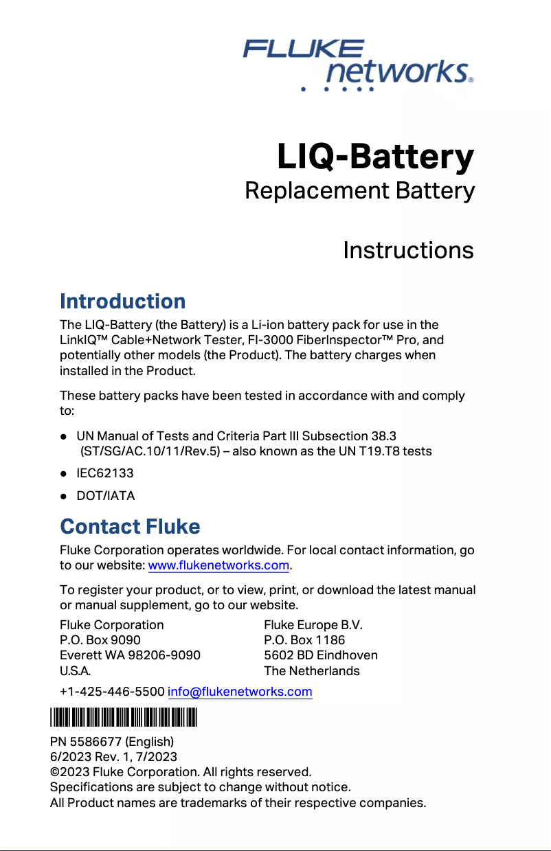 Page 1 of the manual Instructions / Assembly Fluke FiberInspector Networks FI-3000